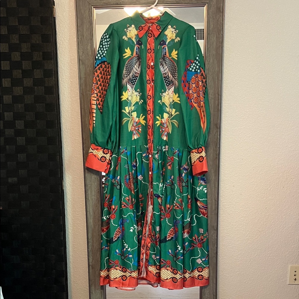 Green and Orange Long Sleeve Dress